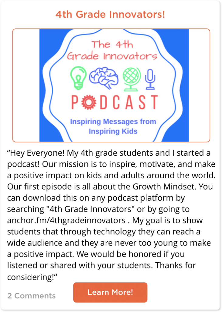 TeachersConnect Post about 4th Grade Innovators