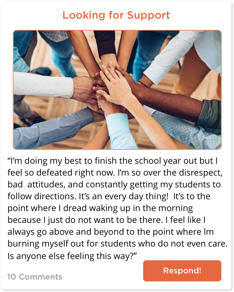 TeachersConnect post about a teacher looking for support