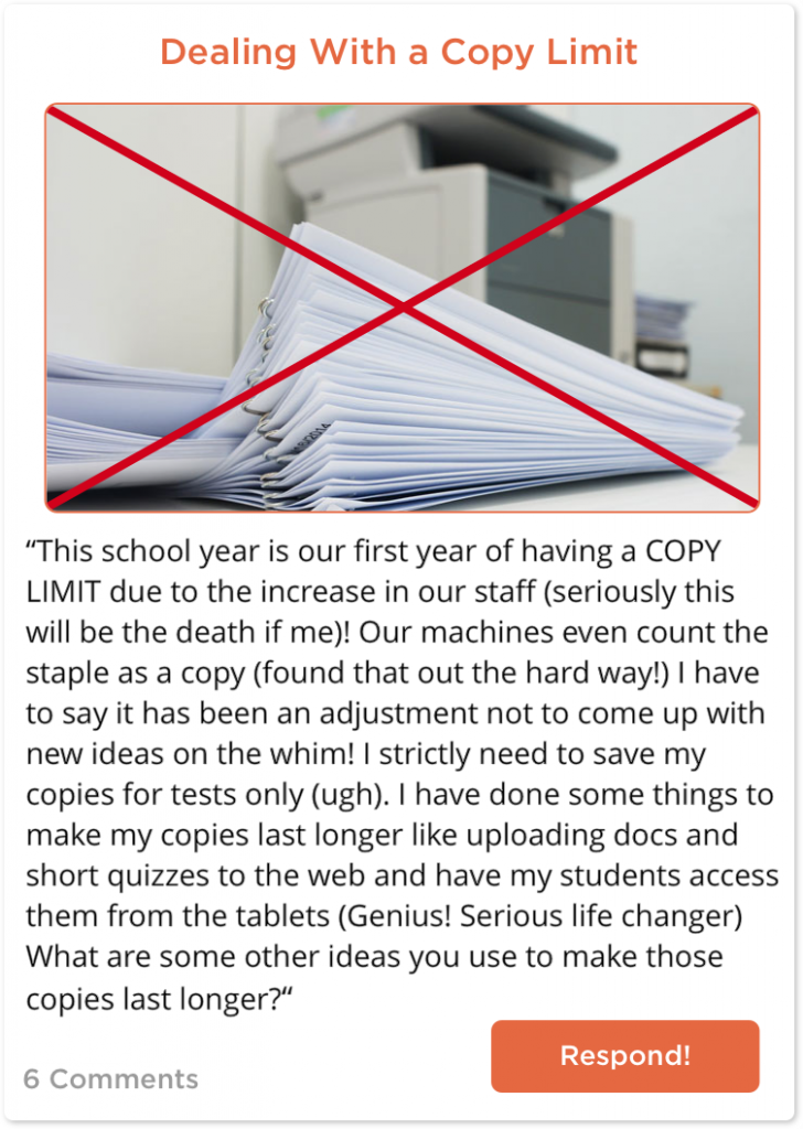 TeachersConnect post about photo copy limits at school