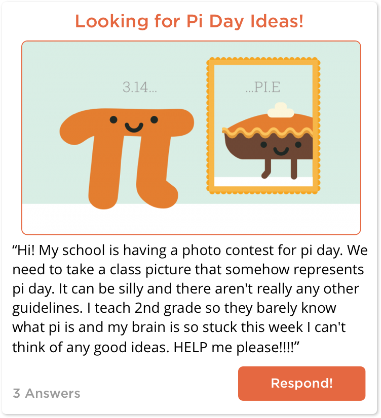TeachersConnect post looking for Pi Day ideas